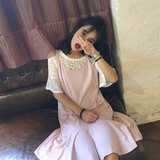 夏装韩国甜美镂空钩花喇叭袖蕾丝衫上衣+显瘦荷叶边吊带裙两件套