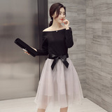 2016春装新款韩版套装裙女欧根纱连衣裙长袖一子肩领短裙两件套潮