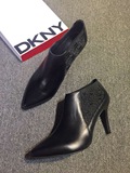 欧美范外贸DKNY新款松紧拼接牛皮尖头细跟高跟鞋里外全真皮女短靴