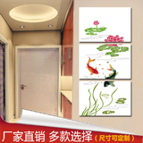 中式风格无框画荷花鱼挂画玄关竖挂三联画客厅装饰画茶楼墙面版画