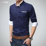 J-VAN春季男士衬衫青年纯色衬衫男长袖韩版修身休闲男装衬衣潮白