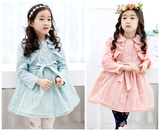 2016新款童装春装韩版女童蕾丝风衣外套儿童翻领大衣粉色蓝色网纱