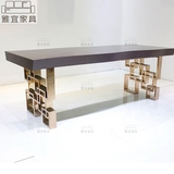 不锈钢实木书桌 新古典中式写字台 简约现代书房样板房办公桌定做