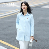Amii衬衫女长袖 中长款加绒2016冬装新 修身显瘦翻领韩版百搭衬衣