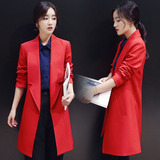 高端2016春季品质女装休闲小西服韩版中长款红色小西装女外套风衣