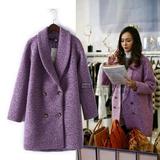 2015秋冬克拉恋人唐嫣同款紫色羊毛呢大衣女 宽松中长款气质外套