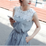 2016韩版新款短袖无袖夏装亚麻棉麻连衣裙休闲显瘦蕾丝A字短裙子