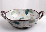 双耳鸡蛋花创意陶瓷盆盘子外贸日式原单手绘餐具深盘沙拉盘水果碗