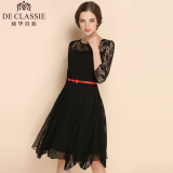 2016新款黑色蕾丝蓬蓬连衣裙七分袖夏季大码镂空蕾丝七分袖连衣裙