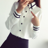 2016夏季韩范学院风白色学生衬衫女织带拼接休闲显瘦防嗮T恤上衣