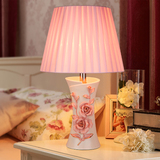 韩式陶瓷台灯卧室床头灯粉色红色蓝色温馨田园现代婚庆玫瑰花台灯