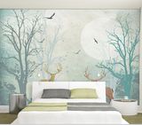北欧 地中海客厅卧室 复古怀旧现代简约背景墙麋鹿深林壁画墙纸