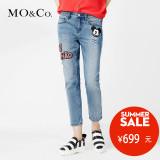 MO&Co.趣味米奇头手势磨白休闲时髦牛仔裤MA161JEN08 moco