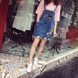 娜娜家 2016韩国夏款女装代购 可爱米奇贴布学院风牛仔背带连衣裙