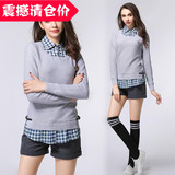2015春款衣之琪韩版少女学生假两件修身中长款拼接针织衫毛衣外套