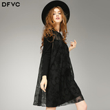 dfvc2016秋季新款欧美刺绣镂空A字宽松假两件长袖黑色连衣裙