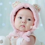 新生儿兔耳朵婴儿帽子女童0-3个月-1岁宝宝毛绒帽秋冬款护耳冬天