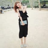 韩国代购正品Cherrykoko夏季新款女人味黑色吊带连衣裙两件套长裙