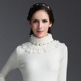 2016韩版女士长袖装套头毛衣秋冬季高领蕾丝珍珠修身显瘦打底短款
