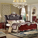 欧式真皮床 美式深色实木雕花床法式储物床新古典1.8米卧室双人床