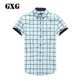 GXG男装 夏装新品 男士时尚斯文蓝白色格纹短袖衬衫#52223255