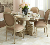 美式餐厅实木餐桌椅组合 复古地中海圆形餐桌象牙白仿古做旧餐桌
