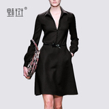 魅斑2016春装新款欧美长袖修身显瘦优雅小黑裙通勤职业黑色连衣裙