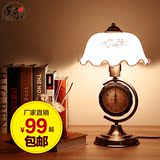 复古新中式带钟表装饰台灯卧室床头灯客厅欧式铁艺台灯9347