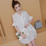 时尚宽松大码韩版孕妇装夏装短袖裙子中长款衬衫女白色连衣裙夏季