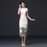 2016夏新款中式古典唐装女士改良复古短袖提花棉中长款旗袍连衣裙