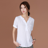 韩潮袭人2016夏装新品白色短袖衬衣女韩版立领竖条纹七分袖衬衫子