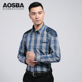 AOSBA秋季新款全棉格子长袖衬衫男 欧洲风情假日休闲牛仔拼接衬衣