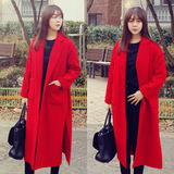 2016冬季新款女装 韩版加长款西装领纯色口袋宽松羊毛呢大衣外套
