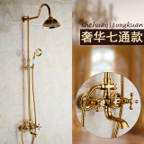 全铜入墙式新款欧式金色固定花洒套装水龙头复古淋浴器仿古镀金
