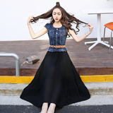 2016夏装韩版修身女士短袖牛仔马甲拼接雪纺连衣裙假两件印花长裙