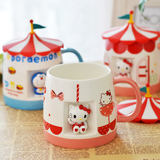 新品特价格Hello Kitty 卡通陶瓷马克杯创意城堡带盖水杯早餐杯
