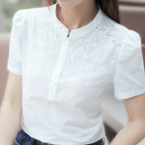 棉麻短袖女t恤白色夏季新款修身文艺刺绣立领套头小衫女薄款上衣
