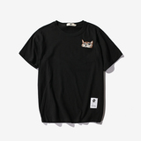 2016原宿夏装男士复古短袖T恤男卡通刺绣猫短T日系宽松中袖体恤衫