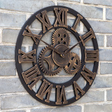酒吧装饰客厅壁挂钟现代简约复古齿轮创意实木圆形艺家居大时钟表