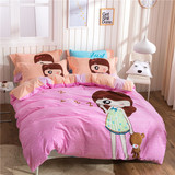 卡通女孩子粉红色全棉磨毛四件套加厚高密度纯棉斜纹被套床单双人