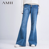 Amii冬装新款 宽松水洗磨白牛仔裤喇叭裤艾米女装大码宽松阔腿裤