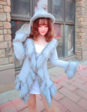 15秋冬女装新款日系甜美兔毛边喇叭袖中长款修身针织毛衣开衫外套