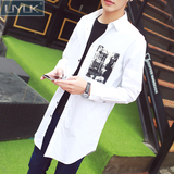 2016春装薄款韩版修身印花长袖衬衫男中长款衬衫外套学生青少年潮