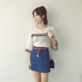 夏季新款韩版女彩色流苏薄款针织衫宽松五分袖套头上衣+H79