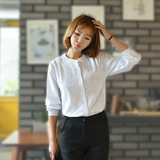 2015秋季韩国宽松长袖上衣韩版小立领衬衣简约清新学院白色衬衫女