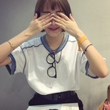 韩国女装小短款百搭拼色领子三角领口宽松短袖T恤学生原宿bf风潮
