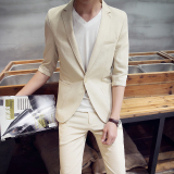 2016春夏季韩版纯色男外套休闲白西服中袖西装亚麻七分袖休闲套装