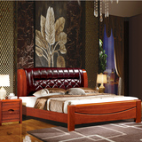 中式软靠真皮婚床胡桃木床实木双人床高箱储物卧室家具1.5 1.8米