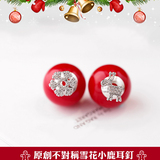 s925纯银红色珍珠耳钉气质韩国防过敏双面雪花小鹿耳饰圣诞礼物女