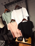 短袖T恤 女 2015新款V领纯色韩版显瘦百搭小破洞女式打底上衣黑白